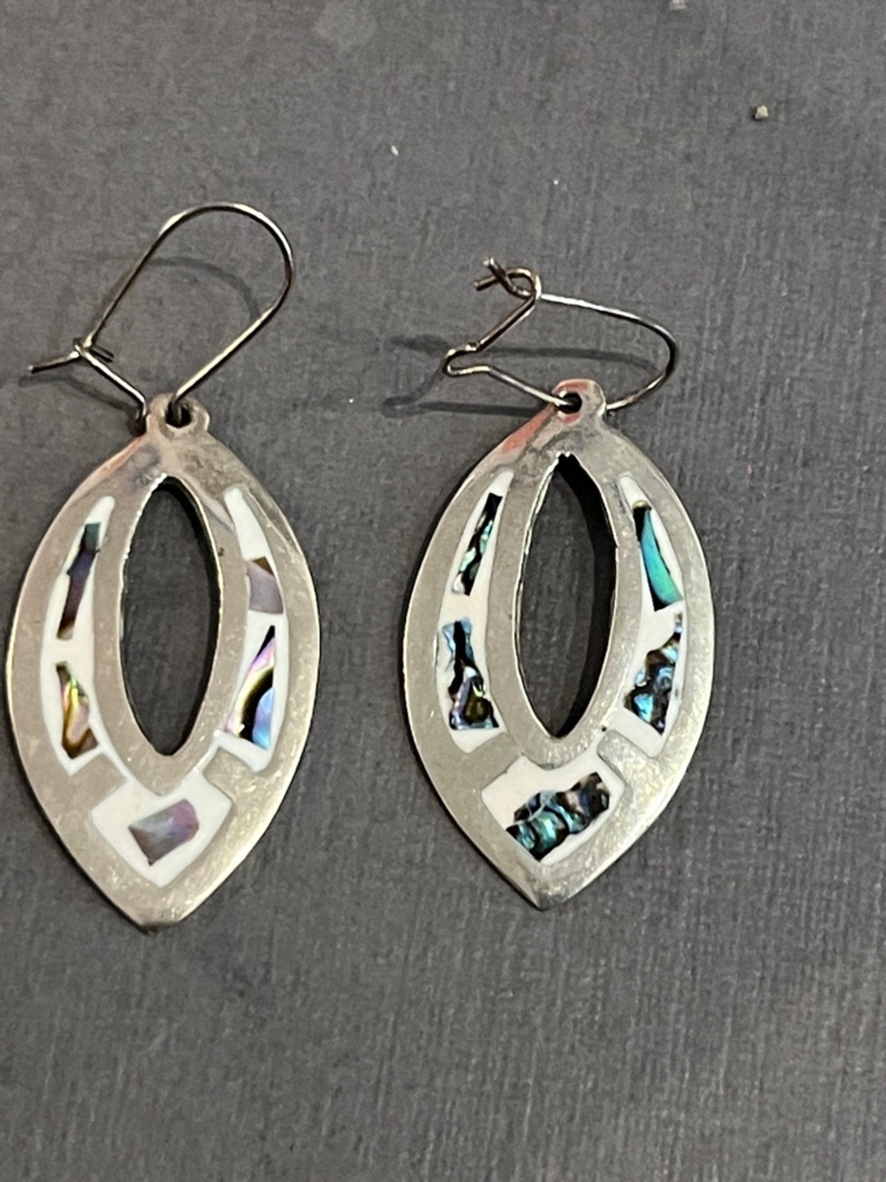 Mexico silver with abalone inlay, artisan made, 1” drop pierced boho earrings